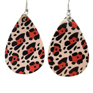 Boutique Lightweight Faux Leather Tan Red Black Animal Print Teardrop Earrings